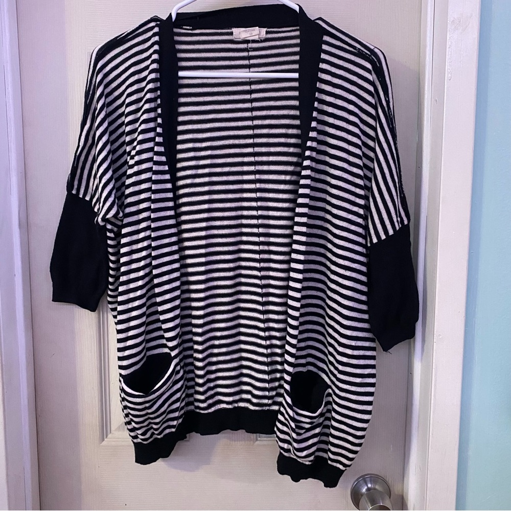 white & black stripes cardigan soft half sleeves formal casual EUC